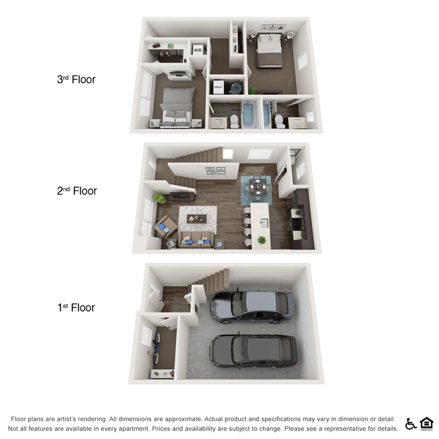 Rendering of the Akoya Townhome floor plan with 2 bedroom[s] and 2.5 bathroom[s] at thePEARL