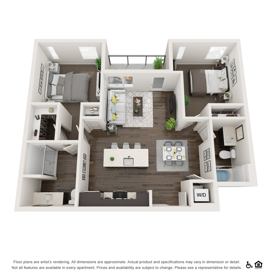 Rendering of the 2A Apartment floor plan with 2 bedroom[s] and 2 bathroom[s] at thePEARL