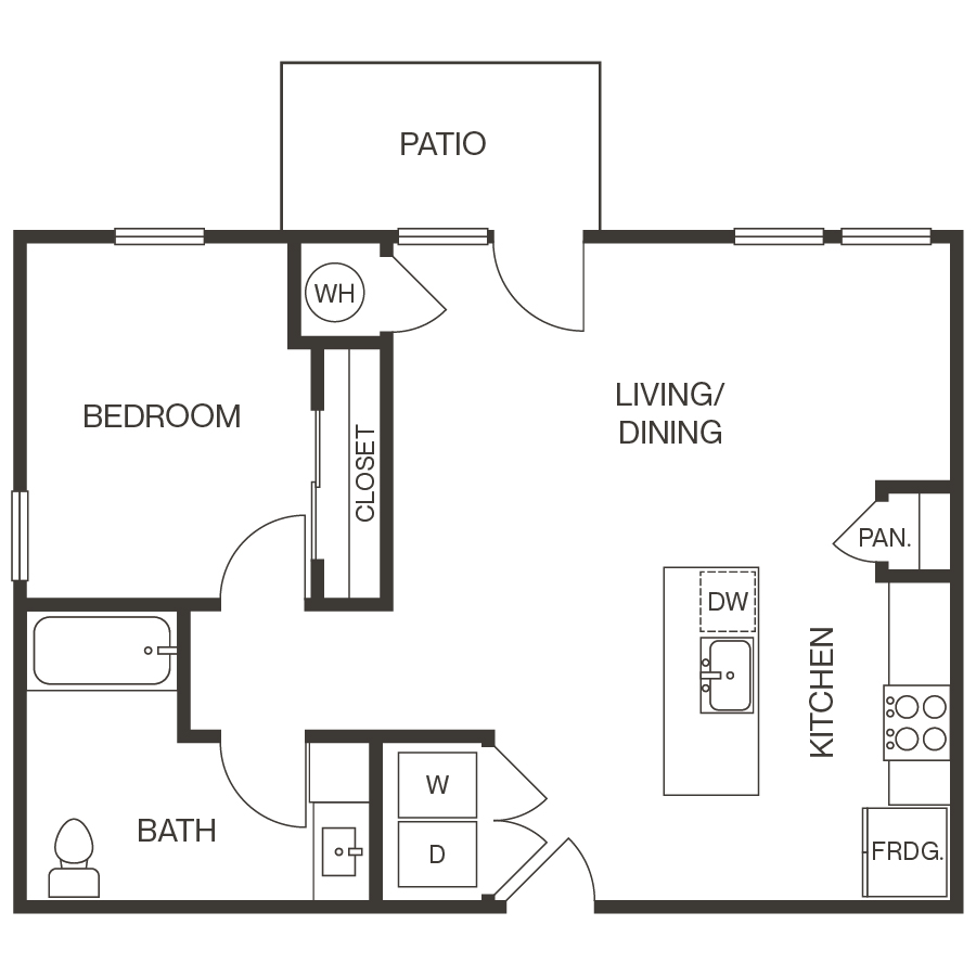 Rendering of the 1 ADA Apartment floor plan with 1 bedroom[s] and 1 bathroom[s] at thePEARL