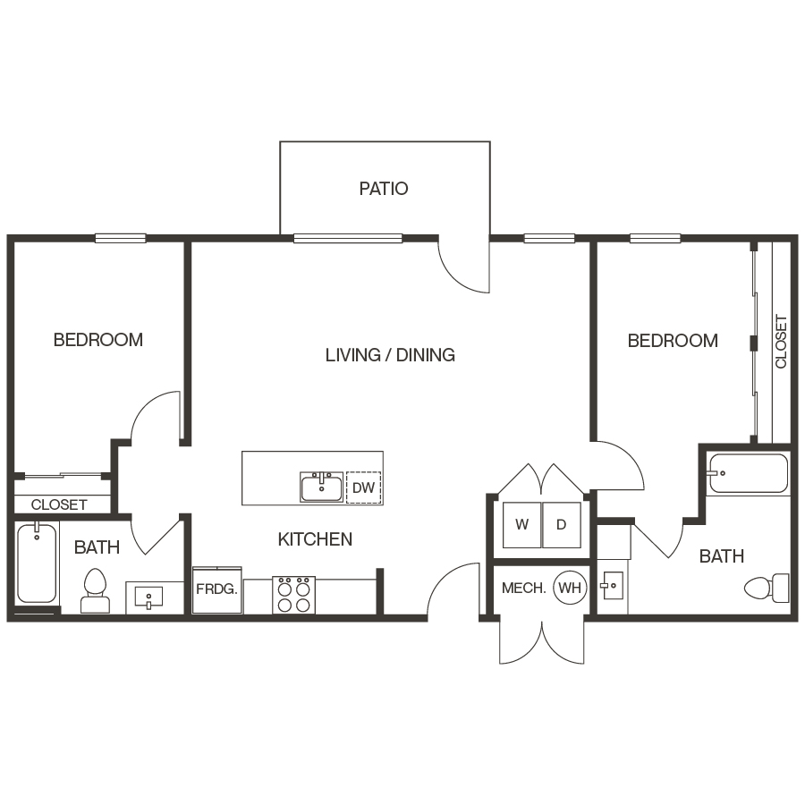 Rendering of the 2 ADA Apartment floor plan with 2 bedroom[s] and 2 bathroom[s] at thePEARL