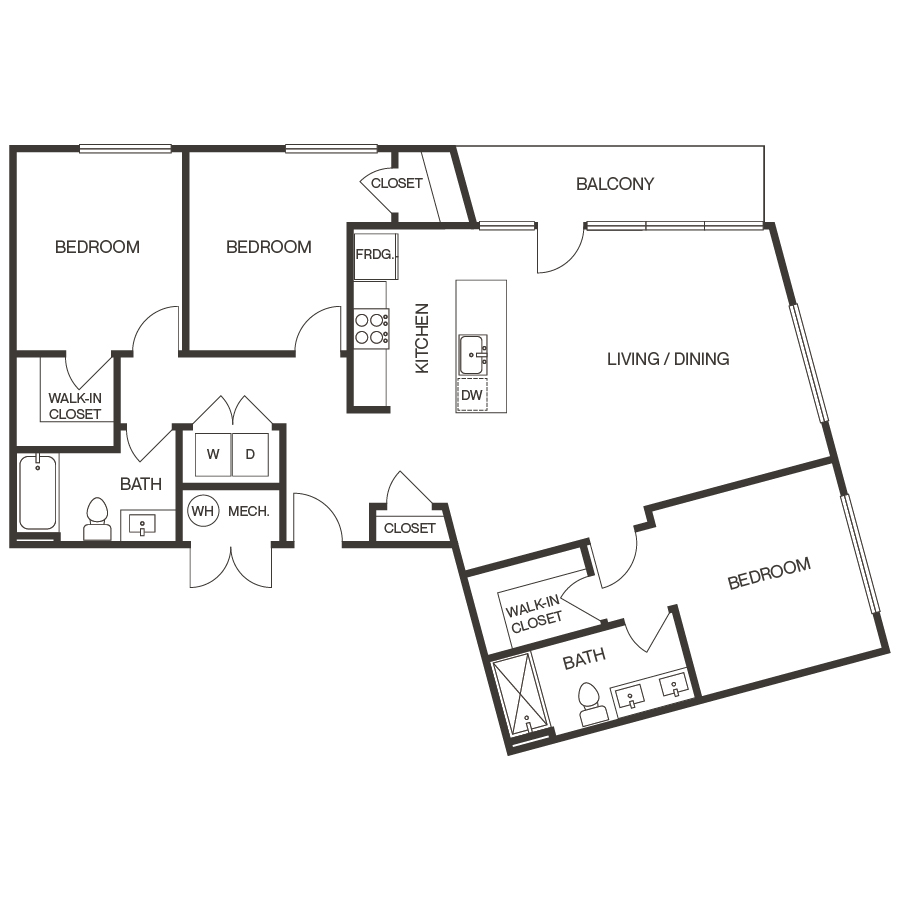 Rendering of the 3A Apartment floor plan with 3 bedroom[s] and 2 bathroom[s] at thePEARL