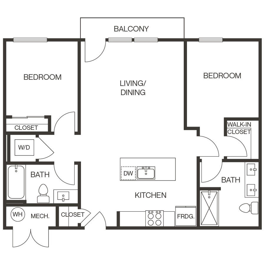 Rendering of the 2B Apartment floor plan with 2 bedroom[s] and 2 bathroom[s] at thePEARL