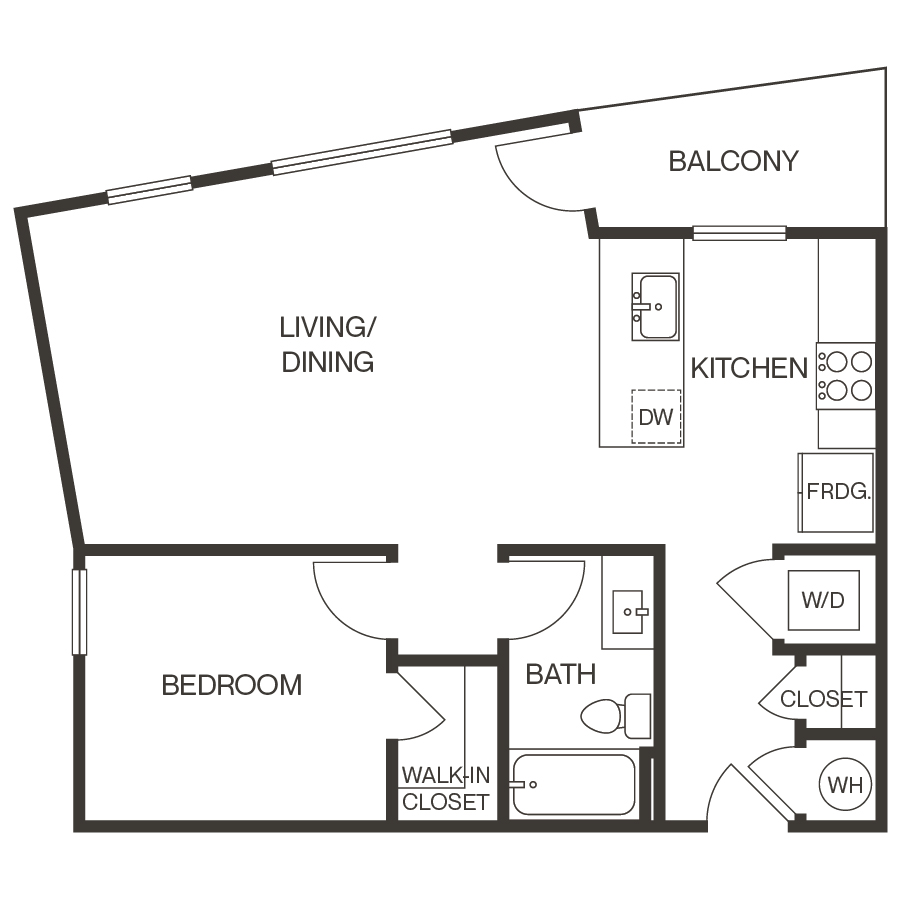 Rendering of the 1E Apartment floor plan with 1 bedroom[s] and 1 bathroom[s] at thePEARL