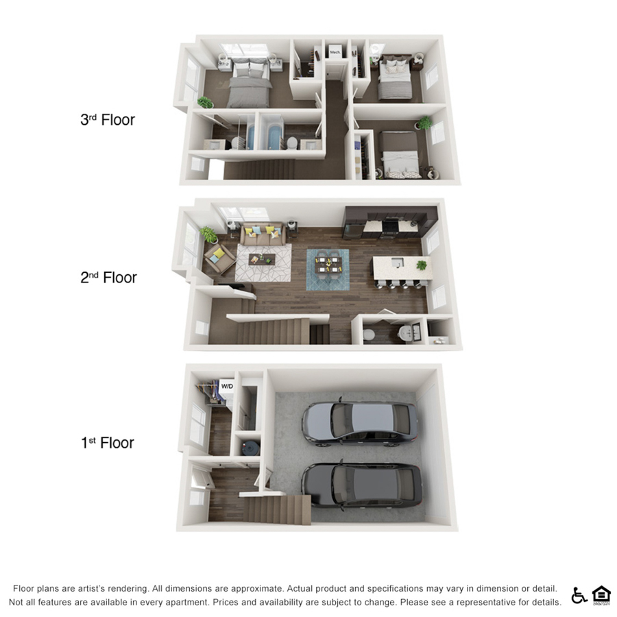 Rendering of the Lily Townhome floor plan with 3 bedroom[s] and 2.5 bathroom[s] at thePEARL