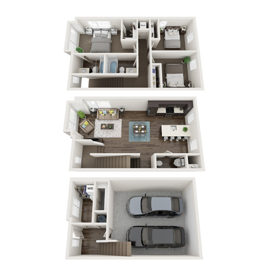 Rendering of the TH-3b floor plan with 3 bedroom[s] and 2.5 bathroom[s] at thePEARL