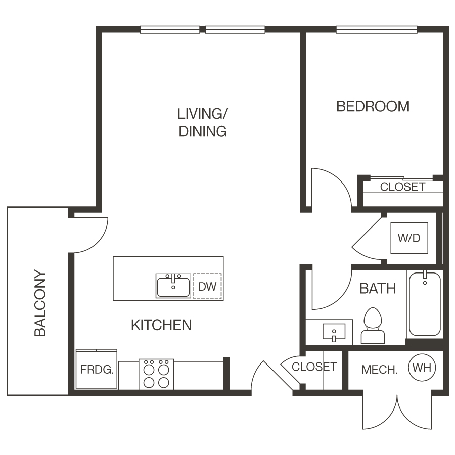Rendering of the 1F Apartment floor plan with 1 bedroom[s] and 1 bathroom[s] at thePEARL