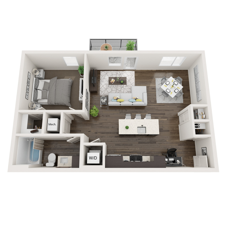 Rendering of the 1b floor plan with 1 bedroom[s] and 1 bathroom[s] at thePEARL