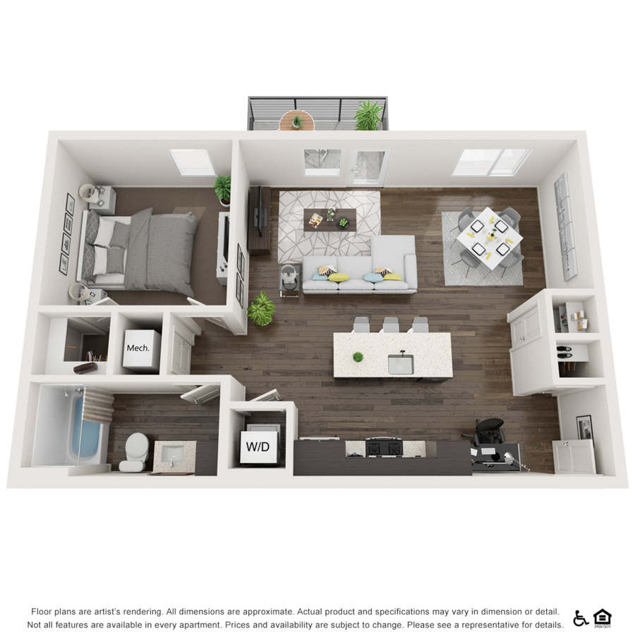 Rendering of the 1B Apartment floor plan with 1 bedroom[s] and 1 bathroom[s] at thePEARL