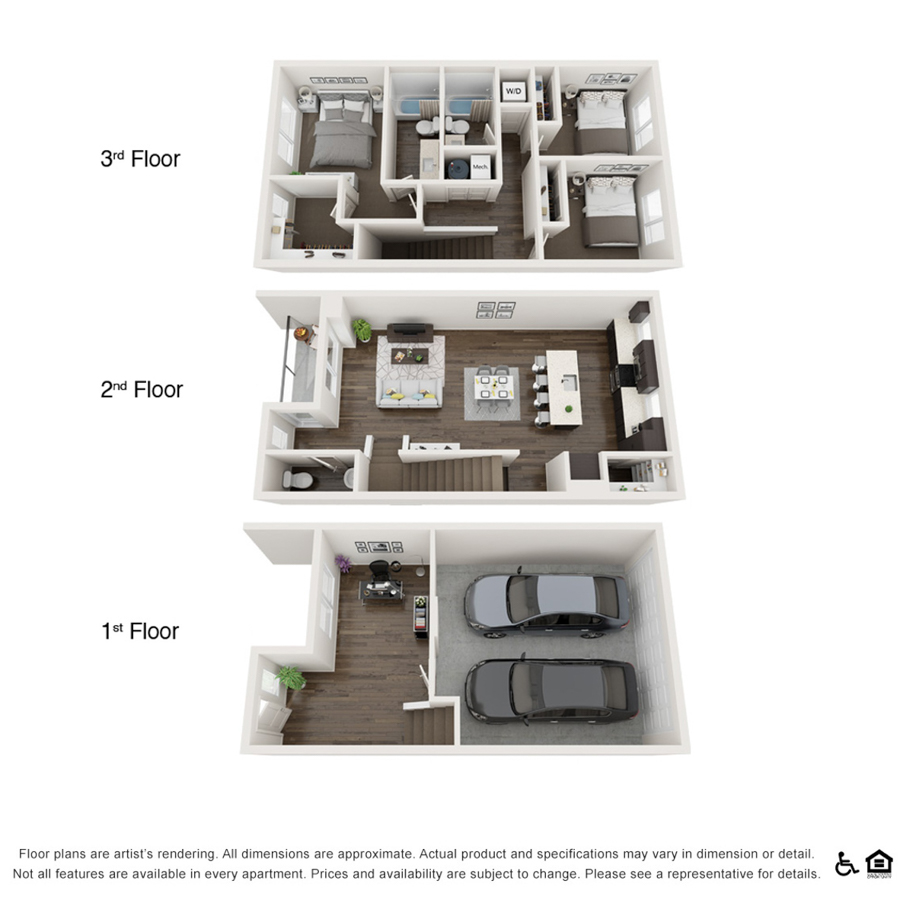 Rendering of the Oquirrh Townhome floor plan with 3 bedroom[s] and 2.5 bathroom[s] at thePEARL