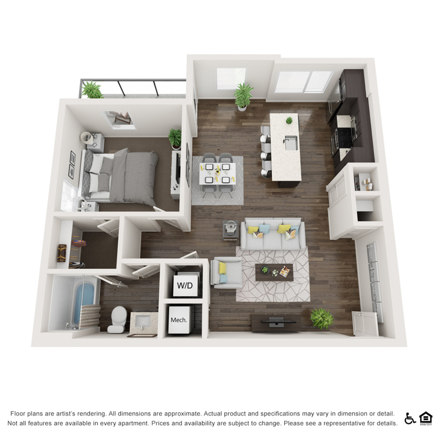 Rendering of the 1A Apartment floor plan with 1 bedroom[s] and 1 bathroom[s] at thePEARL