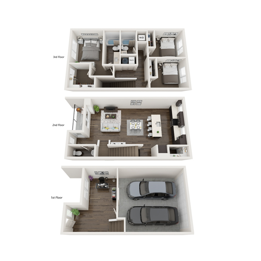 Rendering of the TH-3a floor plan with 3 bedroom[s] and 2.5 bathroom[s] at thePEARL