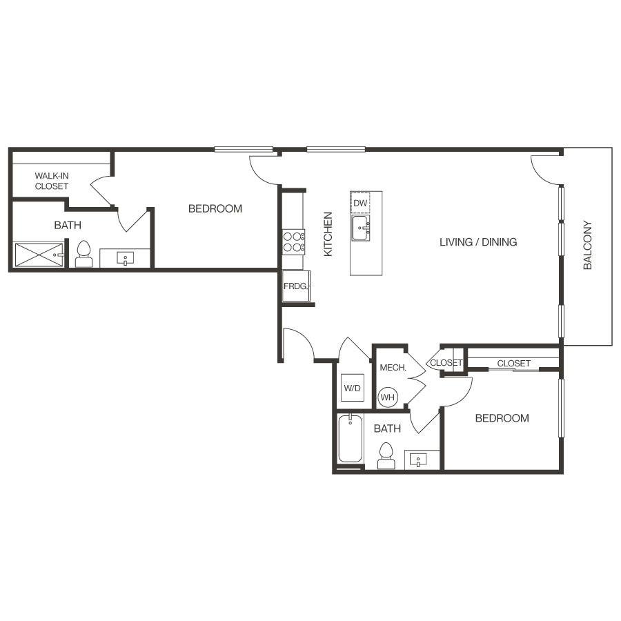 Rendering of the 2D Apartment floor plan with 2 bedroom[s] and 2 bathroom[s] at thePEARL