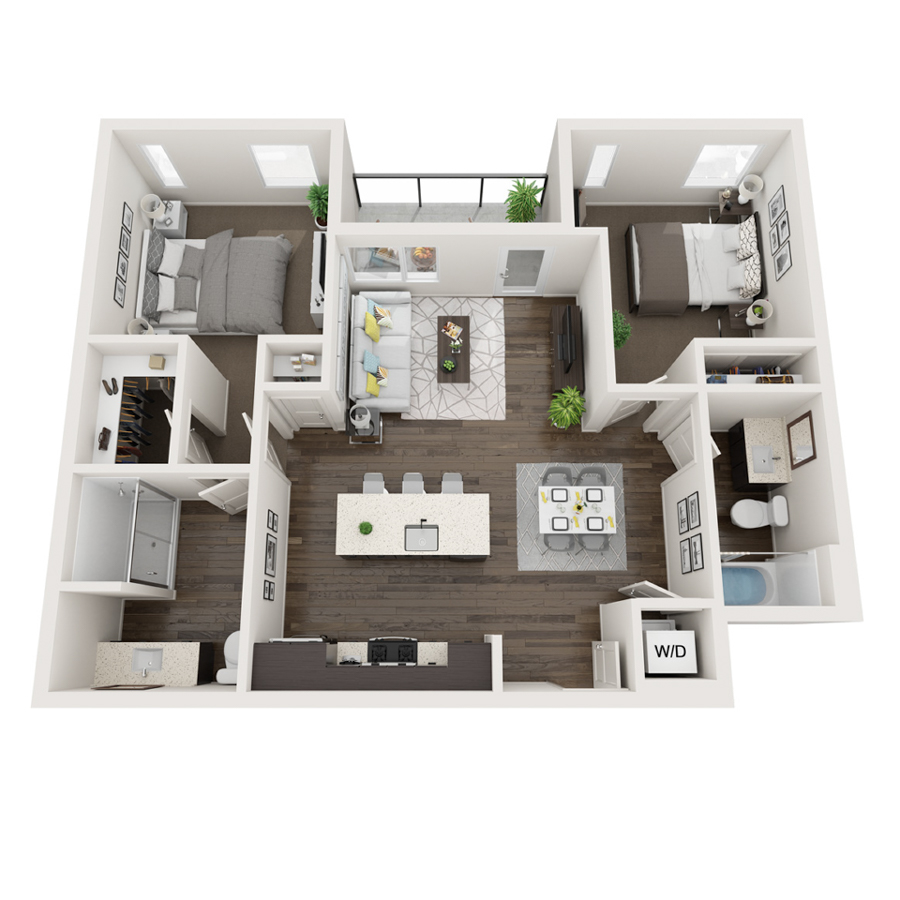 Rendering of the 2a/b floor plan with 2 bedroom[s] and 2 bathroom[s] at thePEARL